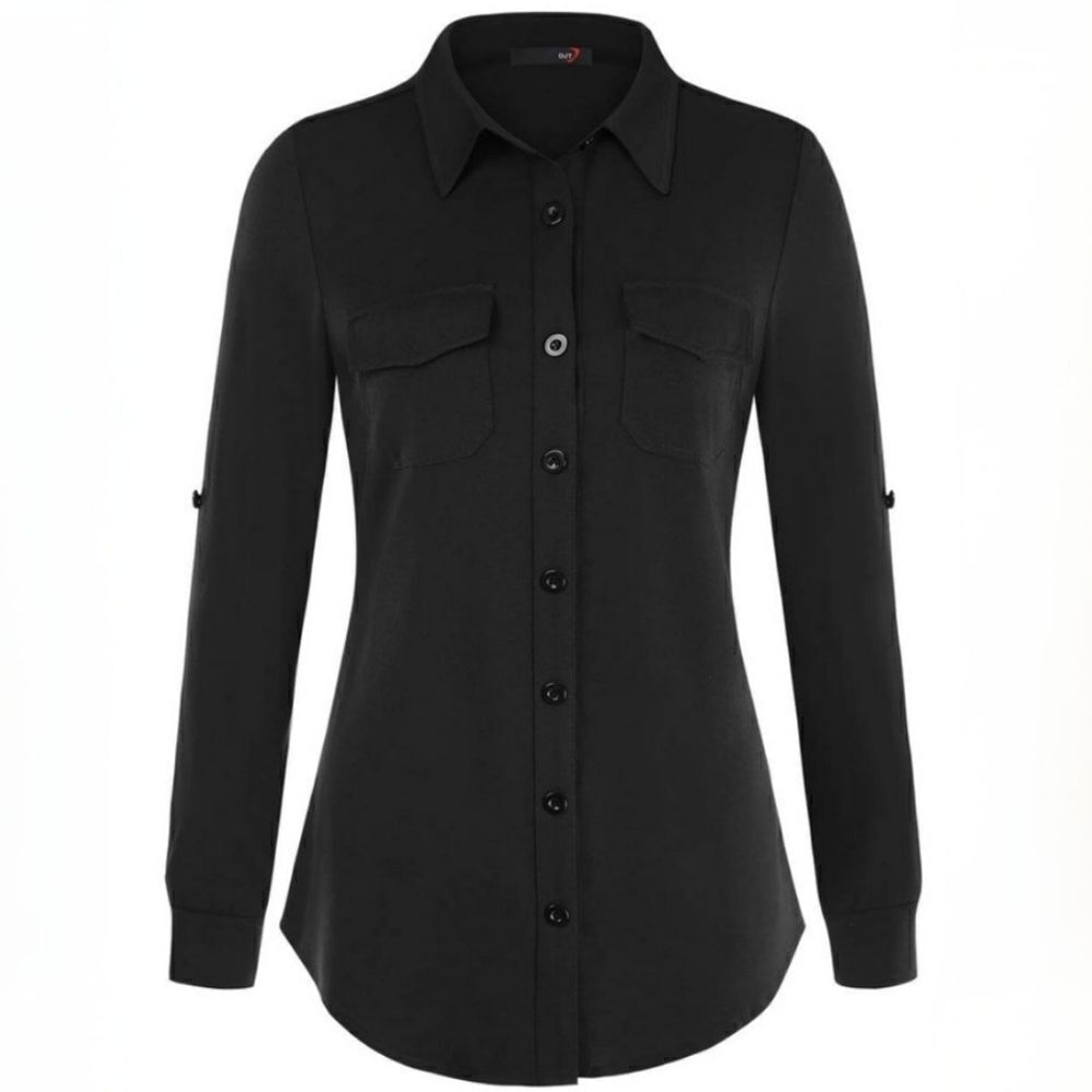DJT Women’s Roll-Up Long Sleeve Solid Black Women’s Collared Button-Down Shirt
